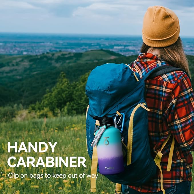 Trebo Water Bottle 64oz with Paracord Handle, Half Gallon Food-grade Double Wall Vacuum Stainless Steel Insulated Jug with Straw Spout Handle Lids, Leakproof Keep Cold & Hot Ombre:Hydrangea