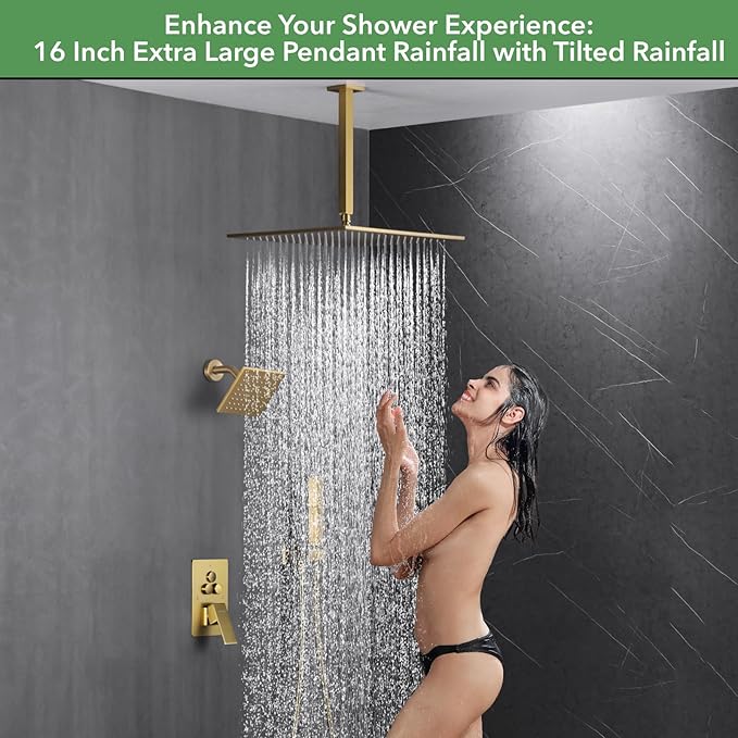 VANFOXLE Shower Faucet Set Brushed Gold Shower System,Shower Faucet with 2 in 1 Handheld,Ceiling Mount 16 Inch Shower Head+6 Inch Shower Head(Rough-in Valve Body and Trim)
