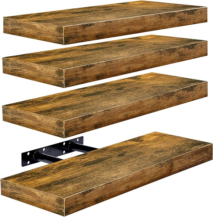 Sorbus Floating Shelves for Wall, Bathroom Shelves Wall Mounted for Kitchen, Bedroom, Living Room, Bathroom Storage, Over Toilet, Hanging Book Shelf for Wall Home Decor (Rustic Brown, 4 Pack)