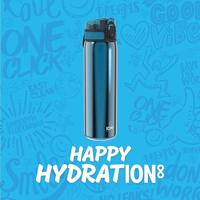 Ion8 Steel Water Bottle, 600 ml/20 oz, Leak Proof, Easy to Open, Secure Lock, Dishwasher Safe, Hygienic Flip Cover, Fits Cup Holders, Carry Handle, Durable, Carbon Neutral, Metallic Blue