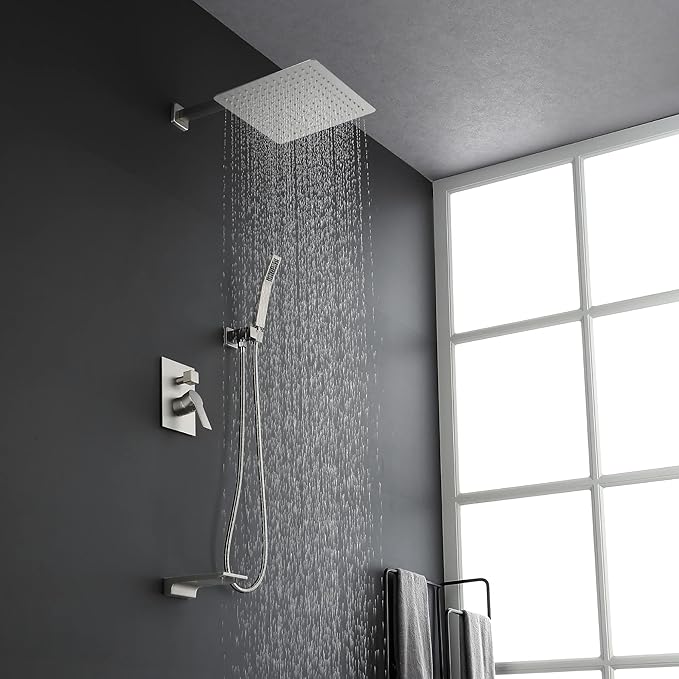 SHAMANDA Shower System with Waterfall Tub Spout and Handheld Shower Head, 12" Rain Shower Faucet Sets Complete with Shower Round-in Valve and Trim Wall Mount, Brushed Nickel, L101-2