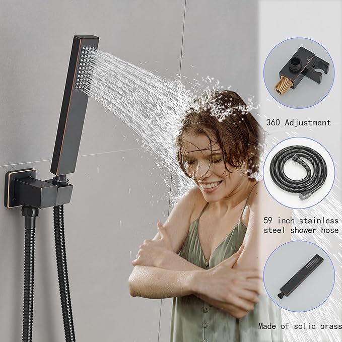 Oil Rubbed Bronze Shower System, 8 Inch High Pressure Rain Shower with Handheld, Wall Mount Shower Faucet Set for Bathroom, Rough-in Valve Body and Trim Included