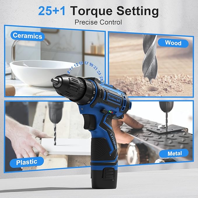 Cordless Drill Set,12V Power Drill Driver 3/8" Keyless Chuck with 42 Acessories, Built-in LED Light, 25+1 Position, Electric Drill for Home DIY Projects(Blue)
