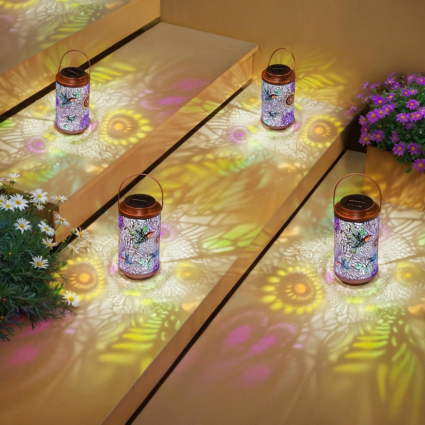 2Pack Solar Lanterns Outdoor Waterproof Hummingbird Colorful Garden Gifts for Mom, Multicolor Solar Lights Lantern for Backyard Garden, Pathway, Outside, Mothers' Day Gifts for Grandma Women