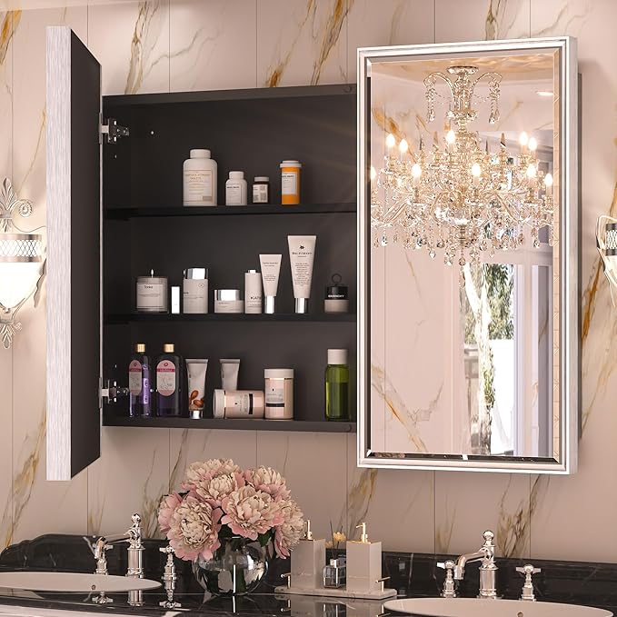 Keonjinn 40” x 30” Medicine Cabinets for Bathroom with Mirror Recessed or Surface Wall-Mounted Aluminum Alloy Framed Beveled Mirror with Soft Close Hinge, 2 Doors Silver Mirrored Cabinet