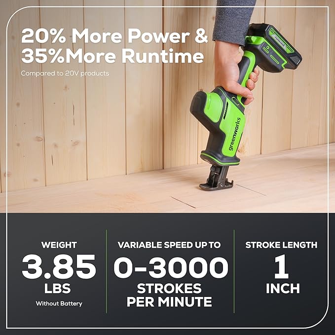 Greenworks 24V Brushless Cordless Reciprocating Saw,1" Compact One-Handed Recip Saw(3,000 SPM),Variable Speed, 2.0Ah Battery and Compact Charger Included, RSG404