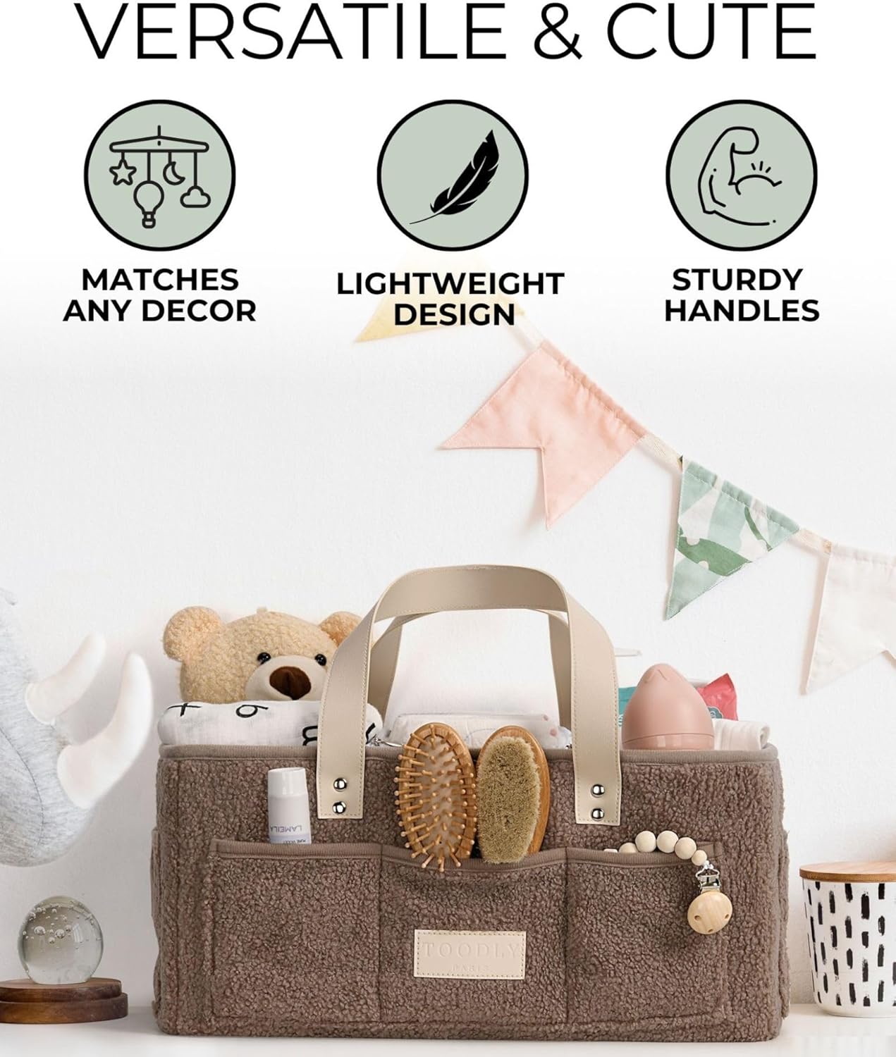 Baby Diaper Caddy Organizer with Portable Changing Mat - Teddy Fleece Diaper Organizer for Changing Table - Basket for Changing Essentials - Baby Essentials Organizer with Removable Dividers