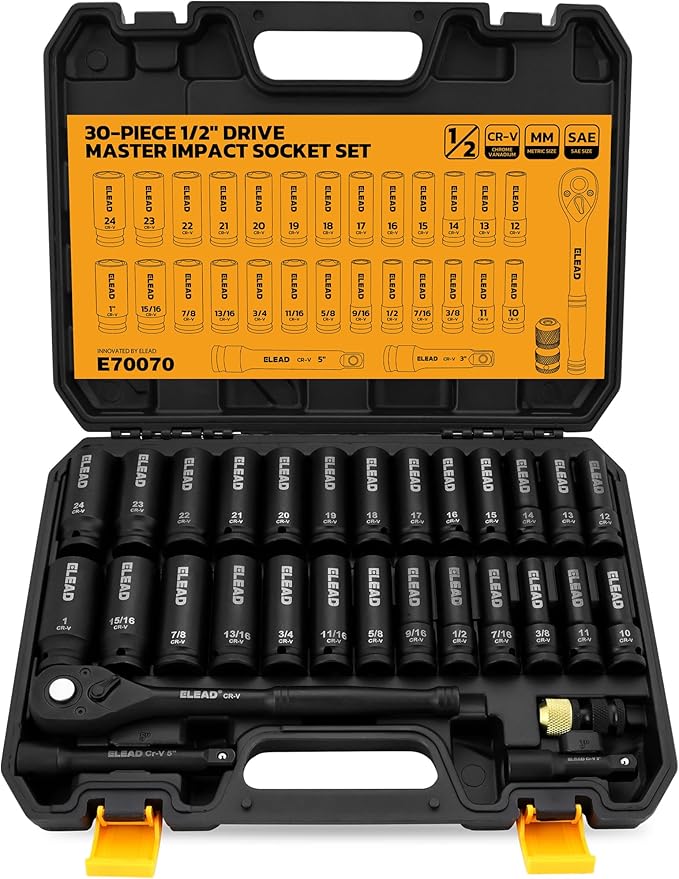 ELEAD 1/2" Drive Deep Impact Socket Set: 30-Piece Standard SAE (3/8 to 1 Inch) and Metric (10-24mm) Size, 3" and 5" Drive Extension Bar, Ratchet Handle, Bit Adapter, CR-V Steel for Auto Repair