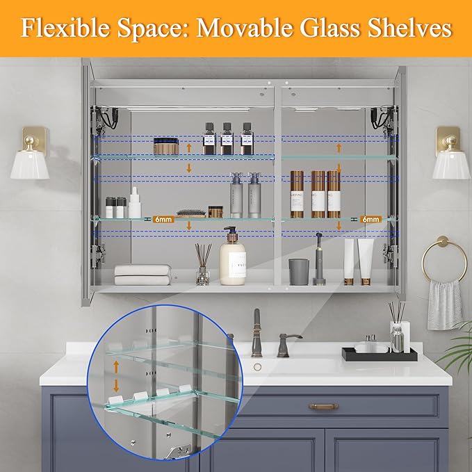 20x28x5.3In Medicine Cabinet with Lights, Recessed or Wall Mount Lighted Bathroom Mirror Medicine Cabinet with Defog, 3 Color Temperature & Stepless Dimming, Double Sockets & USBs(Left Door)