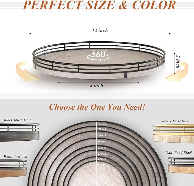 12" Farmhouse Lazy Susan for Kitchen & Coffee Table Decor β Rustic Wood Tray with Black Metal Frame, Decorative Centerpiece for Dining Room, Ottoman, Living Room, Serving or Vanity Use