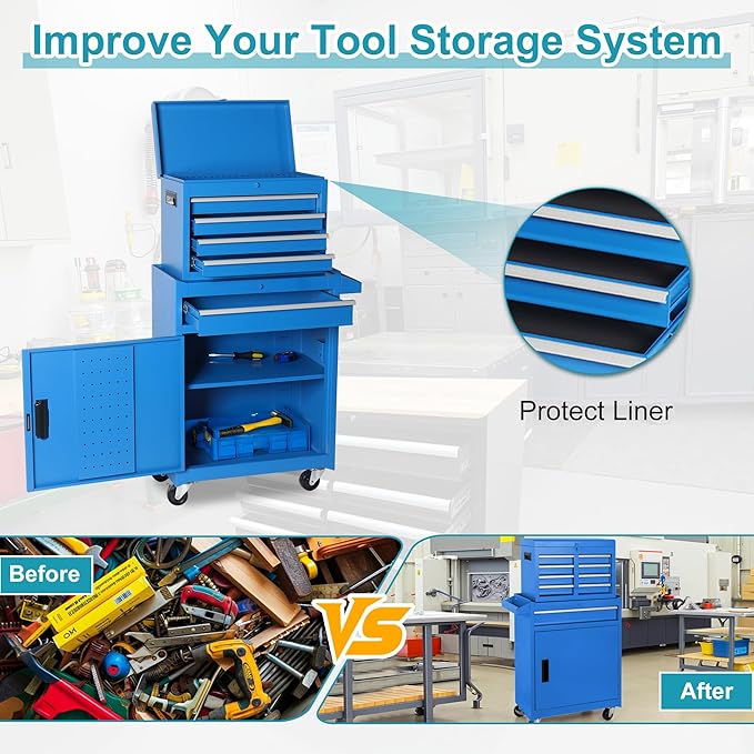 Tool Chest 5 Drawers Garage Storage Cabinet 2 in 1 Steel Frame Tool Chest with Wheels, Protective Liner, Detachable Top and Adjustable Shelf, Tool Box for Garage Workshop, Blue