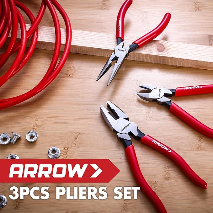 ARROW 3PCS Pliers Set, 6" Needle Nose Pliers, 6" Diagonal Plier, 7" Linesman with Non-slip Handle, Premium Carbon Steel, High Leverage Design