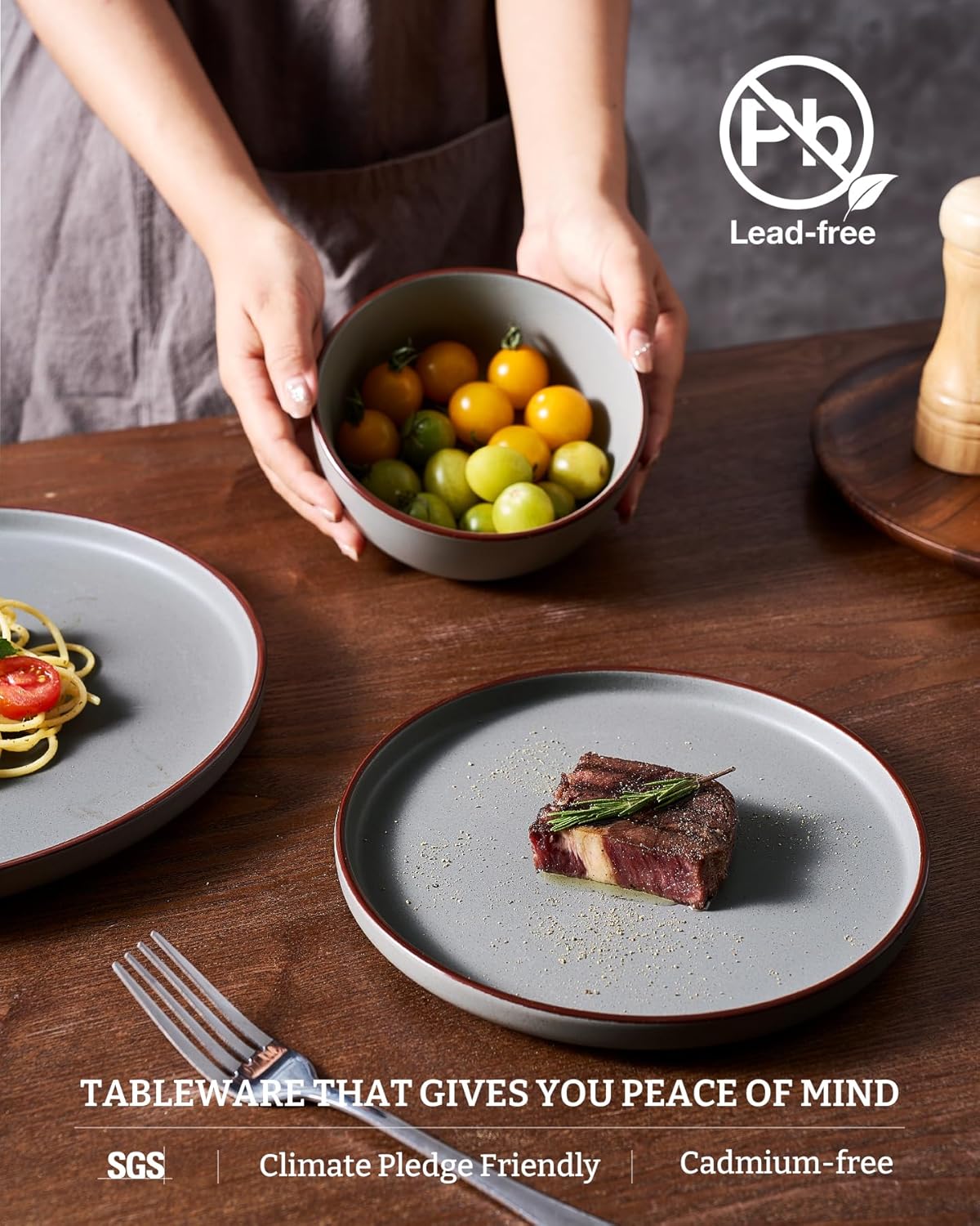 Famiware Mercury Plates and Bowls Sets, 12 Pieces Stoneware Dinnerware Sets, Dishes Set for 4, Microwave and Dishwasher Safe, Dark Grey