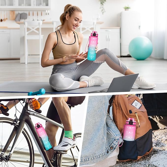 GOSWAG Water Bottles, 32 oz Motivational Sports Water Bottle with Straw and Time Marker to Remind You to Drink, Comes with Carry Strap, Leakproof