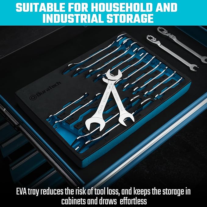 DURATECH Super-thin Open End Wrench Set, SAE(5/16" to 1-1/16") & Metric(5.5mm to 27mm), 16-Piece, Slim Spanner Wrench Set with EVA Tray Storage