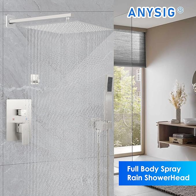 Shower Faucet Set - 12" Brushed Nickel Shower Head and Handle Set : Ceiling Rainfall Shower System with Square Rain Shower Head and High Pressure Handheld Spray Combo, Shower Valve and Trim Kit