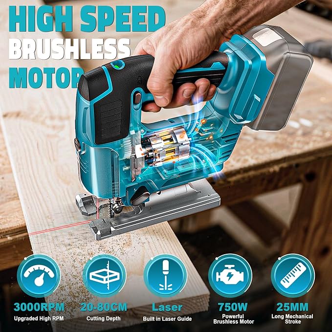 Jig Saw Compatible with Makita 18V Battery, Laser Guide Cordless Jigsaw Tool, 3000RPM Brushless Motor, Variable Speed, 45° Bevel Angle Cut, LED Light, 3 Orbital Sets, 6PCS Blades (No Battery)