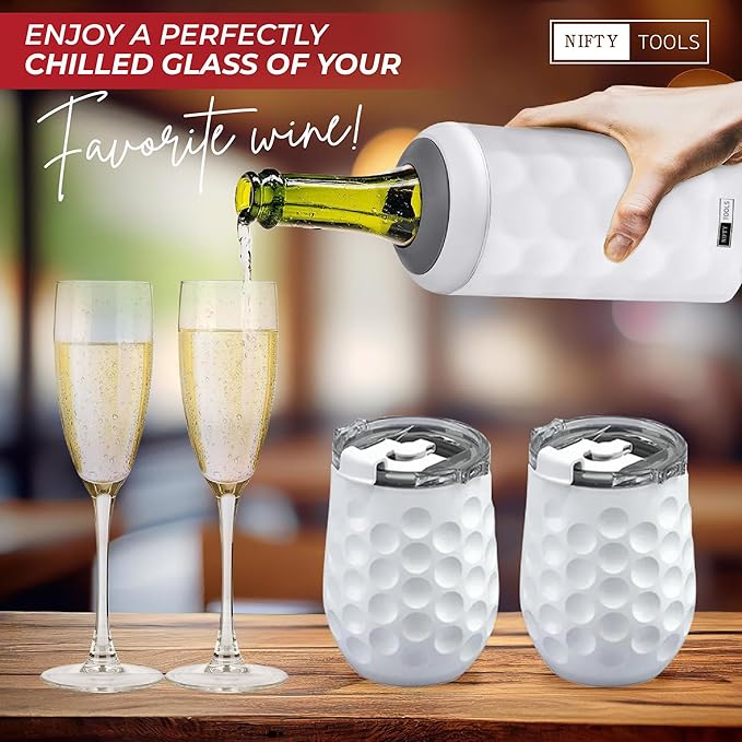 Portable Double Wall Insulated Vacuum Stainless Steel Wine Champagne Bottle Chiller Gift Set w/two tumblers (White)
