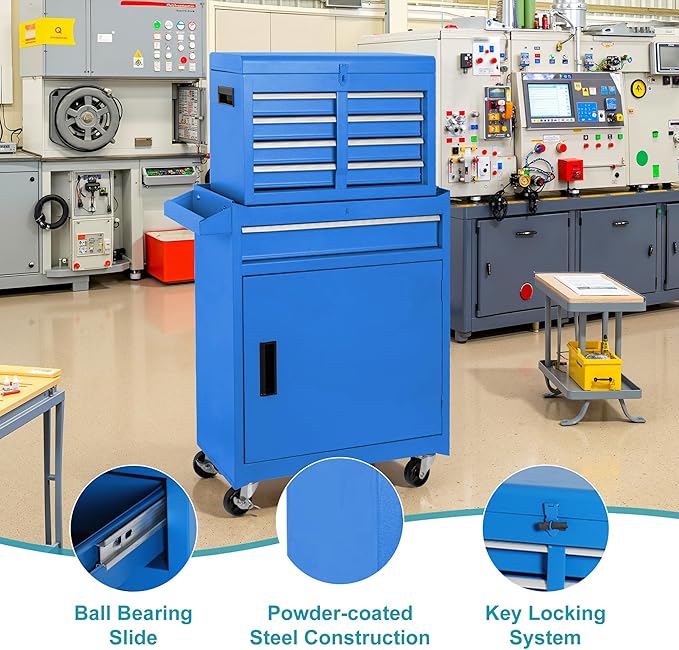 Tool Chest 5 Drawers Garage Storage Cabinet 2 in 1 Steel Frame Tool Chest with Wheels, Protective Liner, Detachable Top and Adjustable Shelf, Tool Box for Garage Workshop, Blue