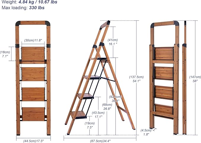 Step Ladder Folding 4-Step Ladders Aluminum Woodgrain Finish Step Stool Anti-Slip Portable Sturdy for Home & Kitchen Office 330 lbs