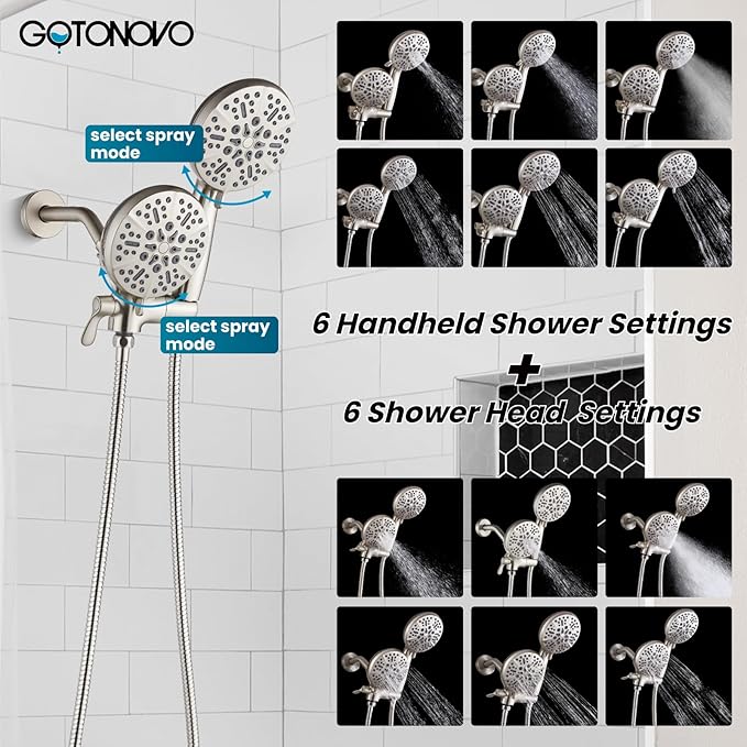 gotonovo Tub Shower Faucet Set,2 in 1 Dual Shower Head and Handle Set with Tub Spout Wall Mount Bathroom Shower Trim Kit with 3-way Water Diverter Valve Included Various Modes Brushed Nickel