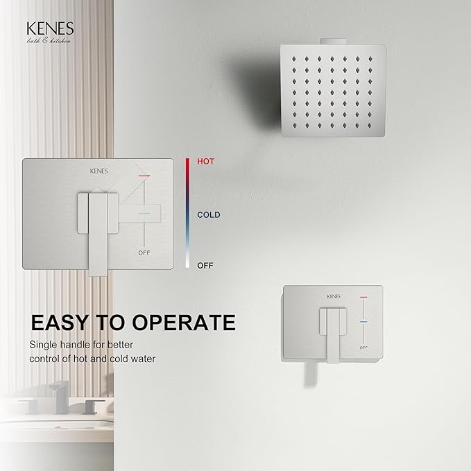 KENES Modern Brushed Nickel Shower Trim Kit, Square Shower Faucet with Single-Spray Stainless Rain Shower Head, Shower Trim Systems Wall Mount, KE-6025B (Shower Valve Included)