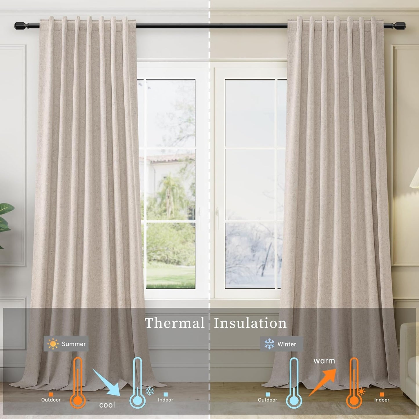 BOODII Oatmeal Linen 102 Inch Curtains Light Blocking Thermal Insulated Window Drapes for Living Room 100% Blackout Room Darkening Curtains Back Tab Loop Pocket Pleated Curtain for Bedroom Nursery