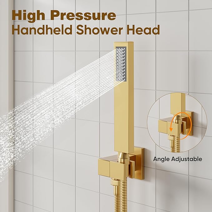 ESNBIA Shower Head System Gold, All Metal Ceiling Shower Faucet Set with Pressure Balance Valve Kit, 10 Inches Rain Head with Handheld Spray, Brushed Gold