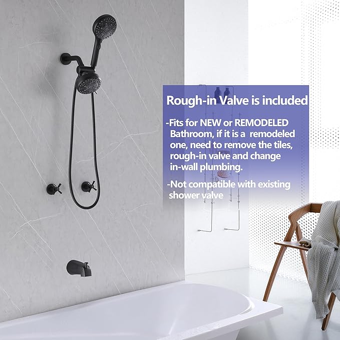 2 Handle Shower Faucet Set with Tub Spout Bathtub Shower Faucet, Tub and Shower Trim Kit Matte Black Wall Mounted