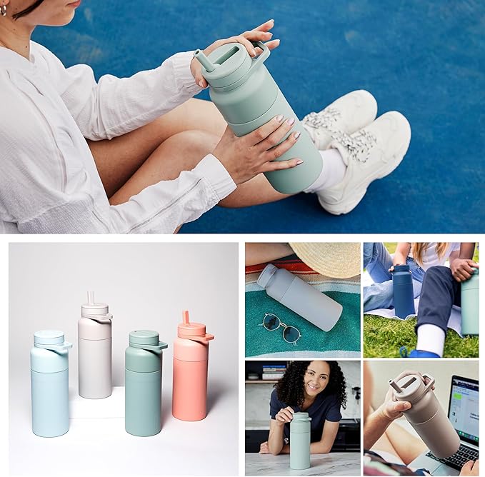 BrüMate Rotera 35 oz Stainless Steel Water Bottle with Touch Free Straw and Carry Handle | 100% Leakproof Insulated Water Bottle | Cup Holder Friendly Base | (Sage)