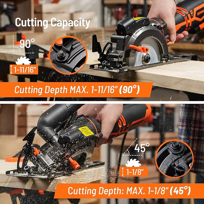 Circular Saw, 5.8A 4-1/2" Circular Saw w/Laser, Metal Auxiliary Handle, 6 Blades (4½", 4¾"), Cutting Depth 1-11/16" (90°), 1-3/8" (45°), Ideal for Wood, Soft Metal, Plastic, Tile - MCS01A