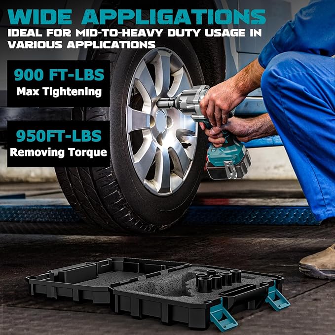 Cordless Impact Wrench 1/2 inch for Makita Battery 900FT-LBS with 6 Sockets and Durable Toolbox Brushless Impact Gun Includes LED Work Light - High Torque Impact Driver, No Battery
