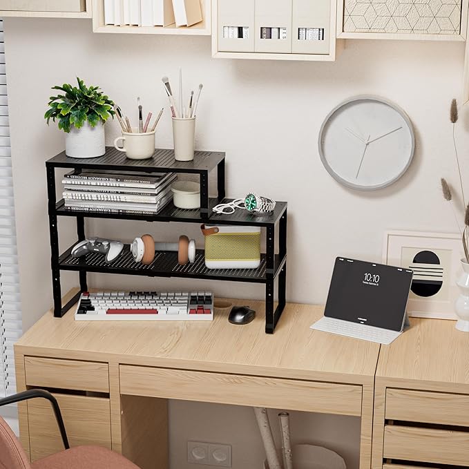 Expandable,Adjustable & Stackable Spice Rack, Cabinet Kitchen Countertop Shelf Organizer,Metal Pantry Storage Shelves - Space-Saving Storage Solution(1Pack/Black/Medium)