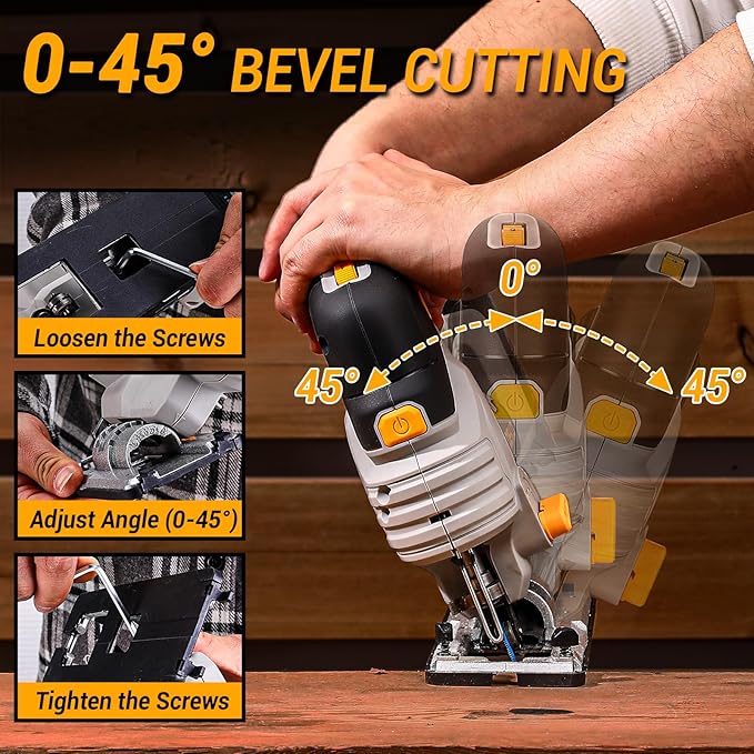 Jig Saw Cordless Electric Tool: DEKOPRO 20V Power Jigsaw with LED Light, 800-3000 RPM Variable Speed, 7/8" Stroke Length, 3 Orbital Settings, ±45° Bevel Cuts for Straight/Curve/Circle Cutting (Gray)