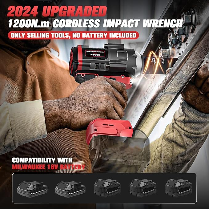 Cordless Impact Wrench 1/2 inch for Milwaukee 18V Battery, 900Ft-lbs (1200N.m) Brushless High Torque Impact Gun (No Battery)