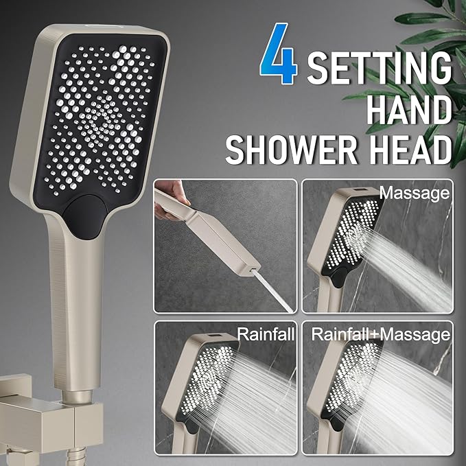 Iriber Thermostatic Shower System Wall Mount with Adjustable Water Flow Push Button Diverter,13 Inch Nickel Rectangle Rainfall Shower Head and Handheld,Brushed Nickel
