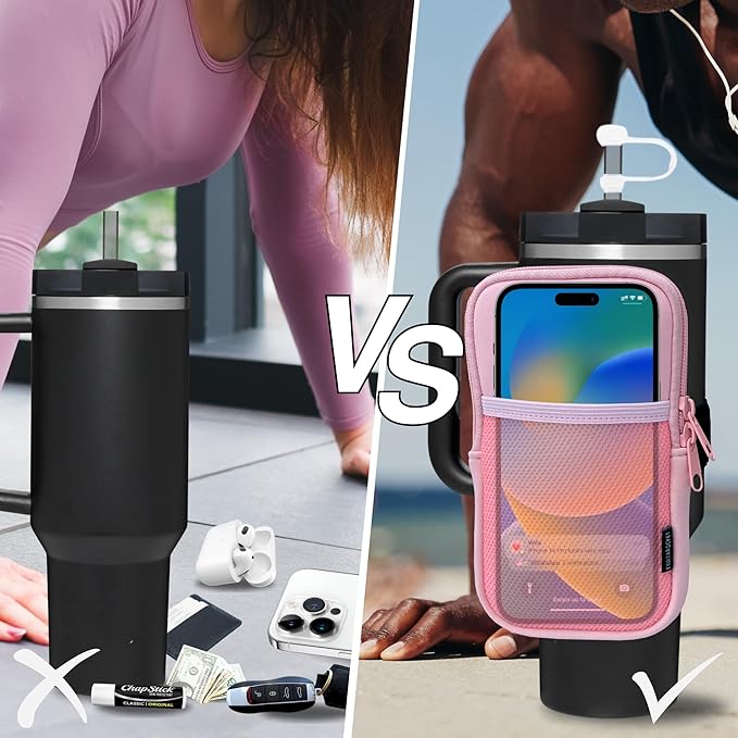 Water Bottle Pouch for Stanley Cups with 20oz 30oz 40oz Stanley Quencher Adventure & Stanley IceFlow, Gym Accessories for Women Tumbler Pouch with Strap & Zipper Cup Purse for Card Keys (Pink, Large)