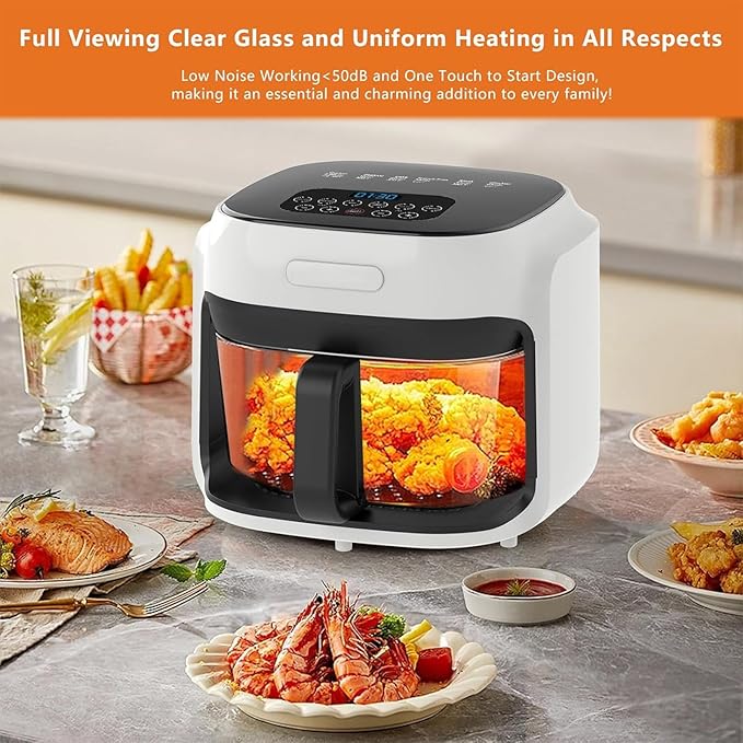 Glass Air Fryer, 7.6QT with Transparent Fry Bowl, Circulating Heating, Temperature Control, Air Fryer Roast, Dishwasher Safe (White)
