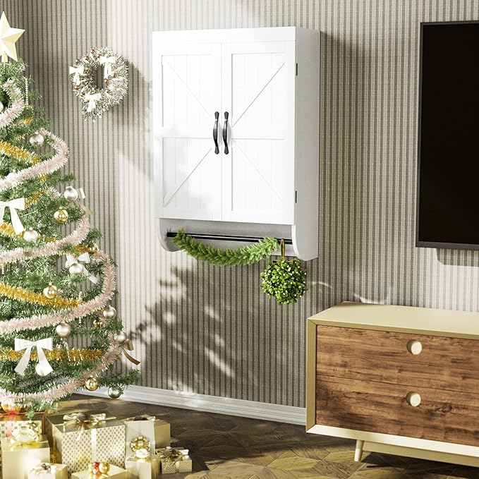 SRIWATANA Bathroom Storage Wall Cabinet Over The Toilet with Adjustable Shelf, Space Saver 2-Door Medicine Cabinet with Metal Bar, White