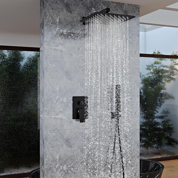 Alesco Shower System, Black Shower Faucet Set with 10-Inch High-Pressure Rainfall Showerheads and Handheld Spray combo, Showerfixture Include Valve and Trim Kit, Matte Black