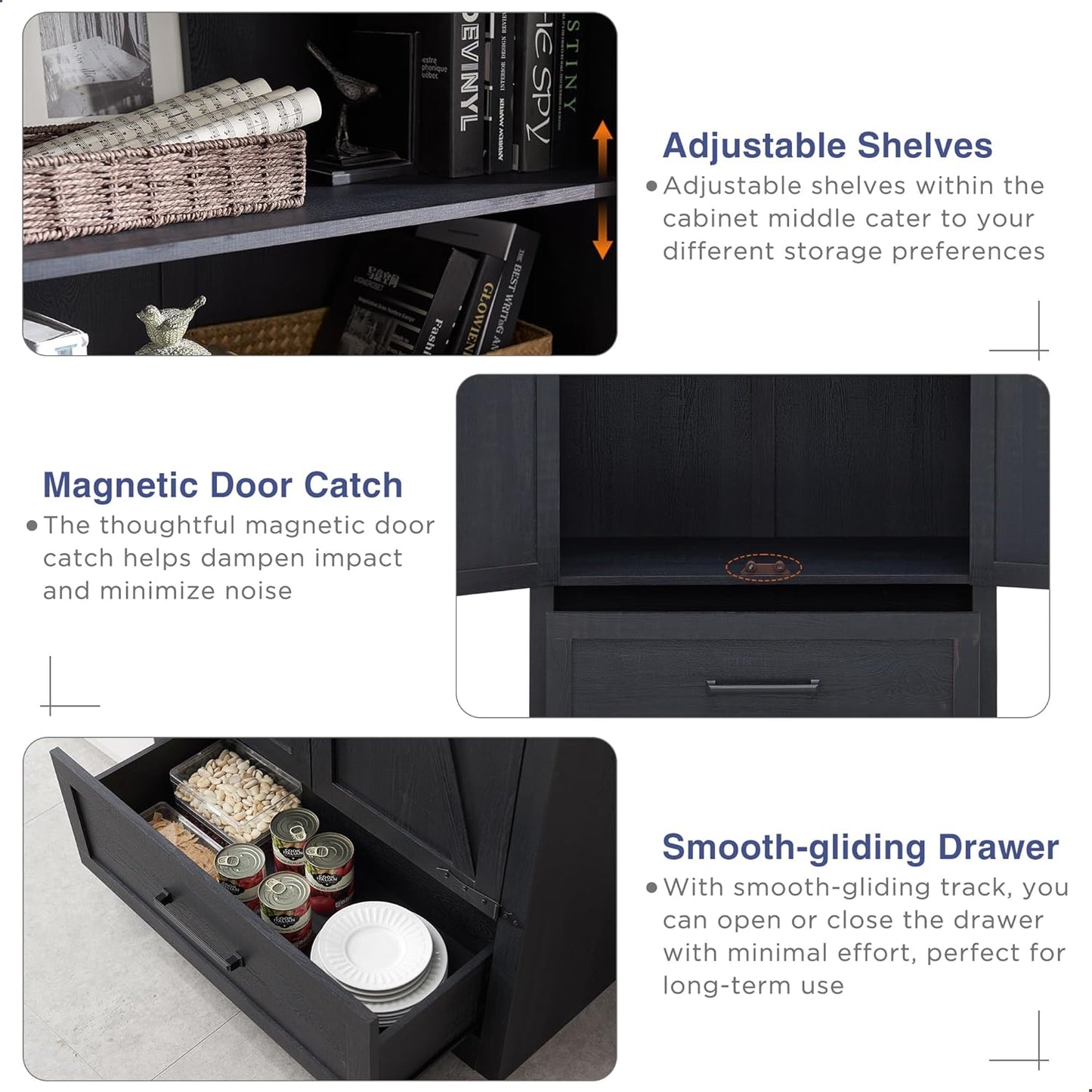 Farmhouse Kitchen Pantry Cabinet - 72" Tall Large Wood Kitchen Storage Cabinets with Adjustable Shelves & 2 Barn Doors & Drawer, Versatile Storage for Dining Room, Bathroom, Living Room, Antique Black