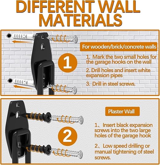 3-H Garage Wall Hooks 62 Pack, Heavy Duty Garage Hooks with Extra Welding Spots, Wall Mount Storage Organizer for Hanging Garden Lawn Tools, Ladder, Bike, WeedEater, Chair, Shovel, Blower (Orange)