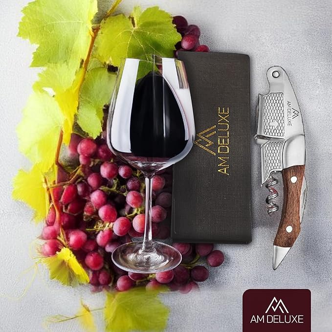 Premium AM DELUXE Waiter Corkscrew Wine Opener - Wine Key For Servers Bartenders, Heavy Duty Stainless Steel With Rosewood Inlay, Serrated Foil Cutter, Cork Screw Wine Bottle Opener, Magnetic Gift Box
