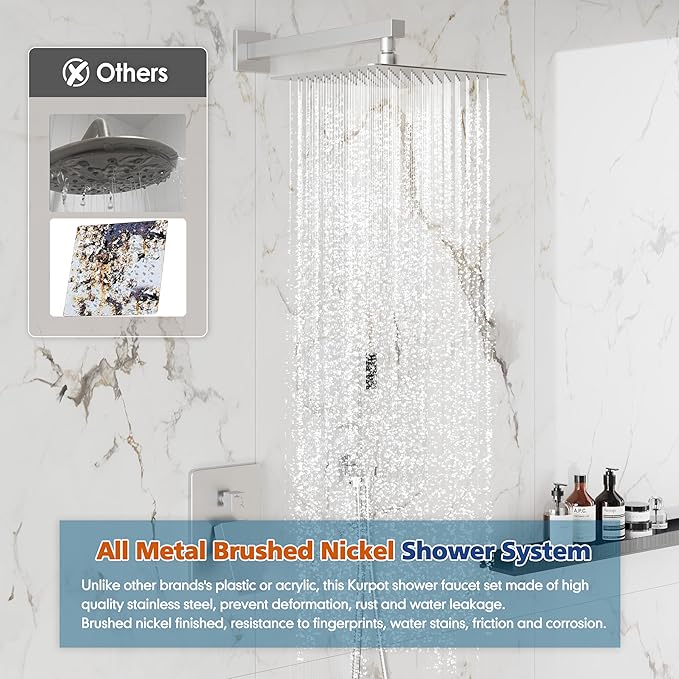Shower System, 10'' High Pressure Brushed Nickel Shower Head with Handheld Spray Combo, Included 59'' Shower Hose, Shower Trim Kit and 2-IN-1 Diverter, Bathroom Shower Faucet Set with Valve