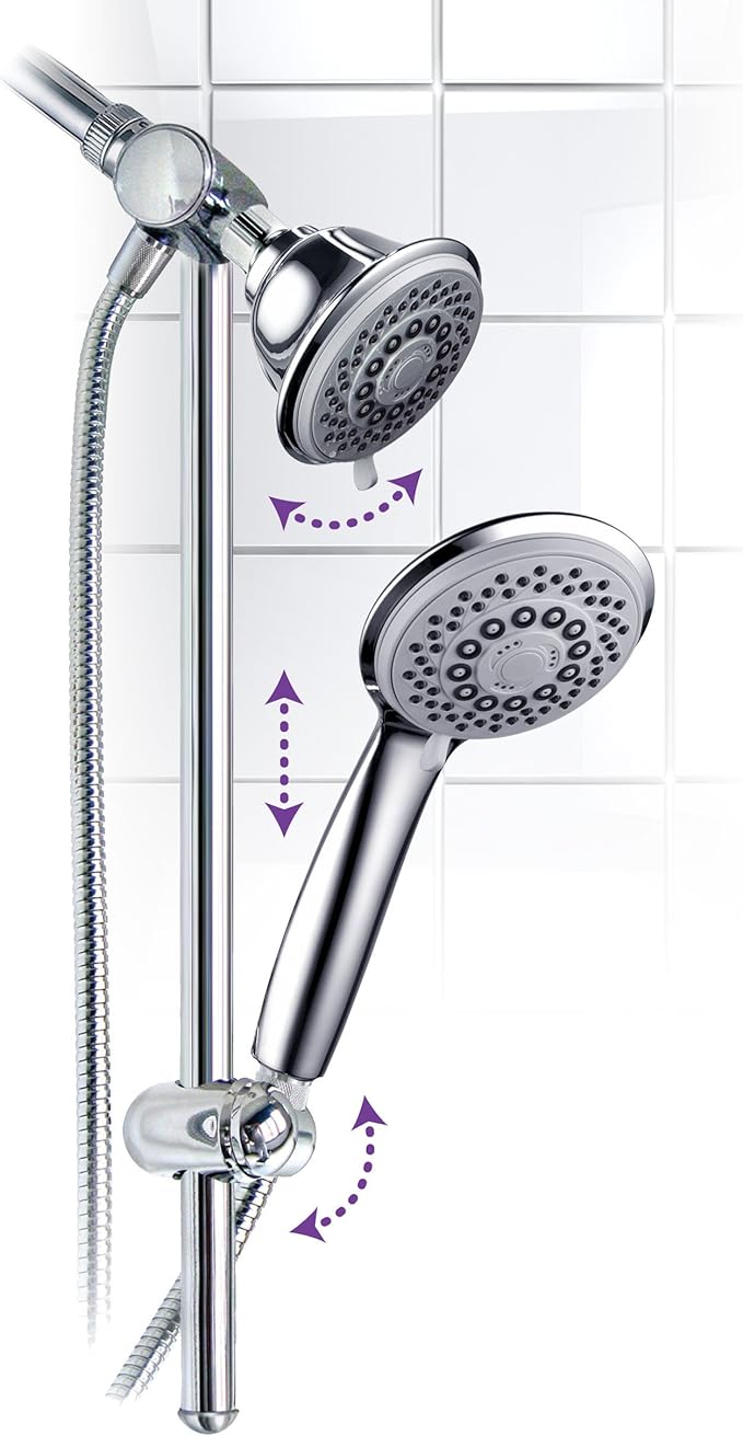 HotelSpa Instant-Mount Drill-Free Height/Angle Adjustable 30-Setting SpiralFlo 3-Way Shower Head/Handheld Showerhead Slide Bar Combo