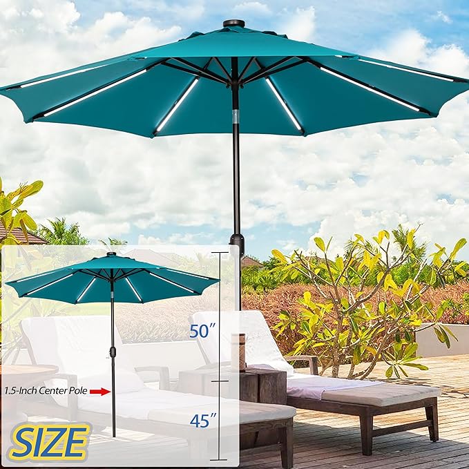 Sunnyglade 9FT Outdoor Solar LED Lighted Patio Umbrella with 8 LED Strip Lights & 8 Ribs, Convenient Crank Lift System