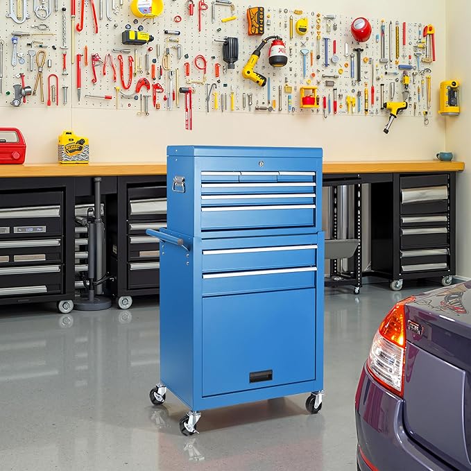 Tool Chest 8 Drawers Garage Storage Cabinet 2 in 1 Steel Frame Tool Chest with Wheels, Liner, Detachable Top, Lockable Wheels and Side Hooks for Garage, Blue