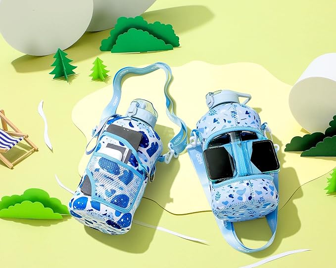 H2O Capsule 2.2L Half Gallon Water Bottle with Storage Sleeve and Removable Straw – BPA Free Large Reusable Drink Container with Handle - Big Sports Jug, 2.2 Liter (74 Ounce), Blue Collage