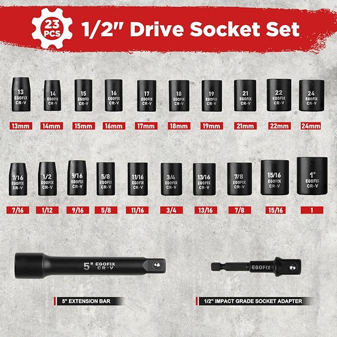 1/2" Drive Impact Socket Set, 23 Piece Metric (13-19, 21, 22, 24mm) and SAE (7/16 to 1 inch) Tool Set with 72 Tooth Reversible Ratchet, with Storage Box for Auto Repairing