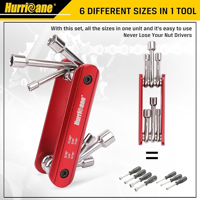 HURRICANE 6 in 1 Folding Nut Driver Set SAE, Hex Nut Driver Set, Cr-V Steel Shank. Premium Portable Premium Aluminum Handle. Easy to Carry Out, 3/16, 1/4, 5/16, 11/32, 3/8, 7/16 inch